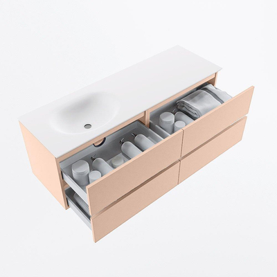 MONDIAZ VICA Ensemble meuble de salle de bains - 140cm - meuble bas rosee - 4 tiroirs - vasque moon gauche - sans trous de robinet - version haute 60cm - talc