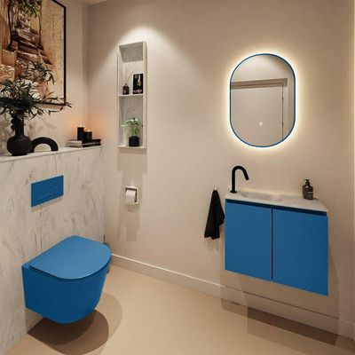 MONDIAZ TURE-DLUX Meuble toilette - 60cm - Jeans - EDEN - vasque Opalo - position gauche - 1 trou de robinet