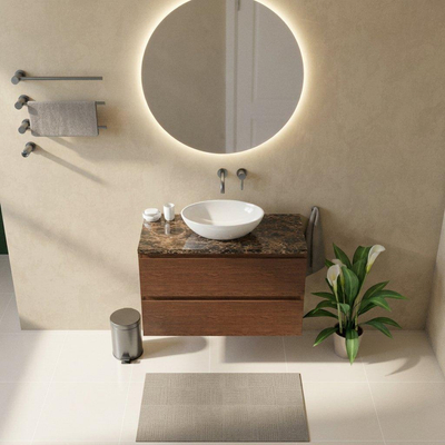 Saniclass Holz Pure Ensemble de meubles de salle de bains - 100x45x63cm - Plan en pierre naturelle Noche dark emperador - sans trou de robinetterie - 2 tiroirs - noyer pure mat (bois)