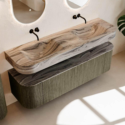 MONDIAZ THOR-DLUX 160cm meuble de salle de bains arrondi gauche + droite couleur Shadow avec 1 tiroir et 2 portes. Vasque suspendue CLOUD Double sans trou de robinet couleur Sombra.