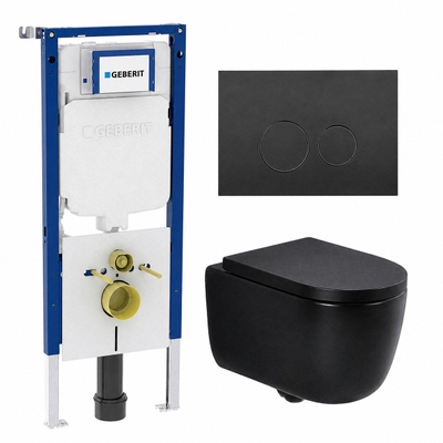 QeramiQ Dely Swirl Toiletset - 36.3x51.7cm - Geberit UP720 Duofix Sigma inbouwreservoir - 35mm zitting - mat zwarte metalen bedieningsplaat - ronde knoppen - mat zwart