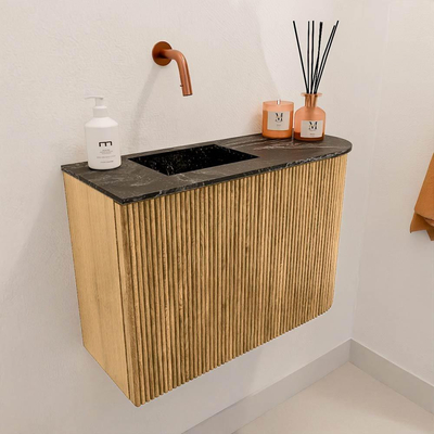 Mondiaz JOYA-DLUX 61.6cm toiletmeubel - ronding rechts kleur Oak - Wastafel FAYE positie Links Zonder kraangat kleur Lava.