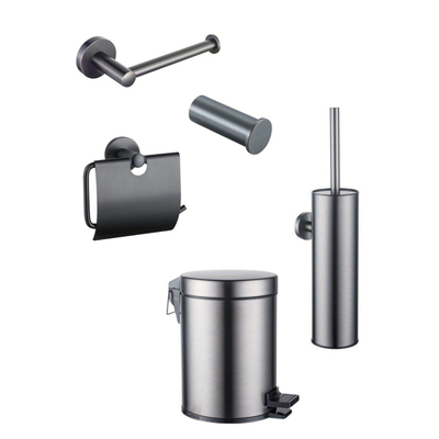 FugaFlow Eccelente Acces Toiletset 5-delig - toiletrolhouder - reserverolhouder - toiletborstelhouder - handdoekhaak - pedaalemmer - Geborsteld Gunmetal PVD