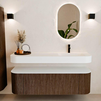 MONDIAZ THOR 150cm meuble de salle de bains arrondi gauche + droite couleur Walnut avec 1 tiroir et 2 portes. Vasque suspendue CLOUD Droite 1 trou de robinet couleur Talc.