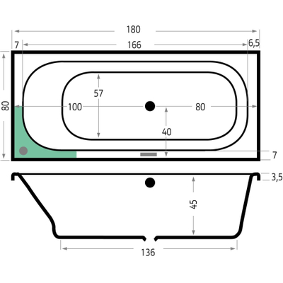 Xenz Aruba Ligbad - 180x80x48 - afvoer Midden - acryl - cement