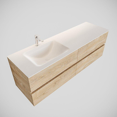 ENSEMBLE DE MEUBLE MONDIAZ VICA - 150 cm - 4 tiroirs - lavabo Cloud gauche - 1 trou de robinet - solid surface chêne blanchi