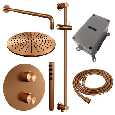 BRAUER Copper Carving thermostatische Inbouw Regendouche - 3-weg - rond - set 88 - 30cm hoofddouche - gebogen muurarm - staaf handdouche - doucheslang - geïntegreerde glijstang - koper geborsteld PVD