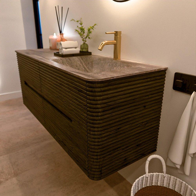Mondiaz CIRO-DLUX Ensemble de meubles de salle de bains - 130x45x50cm - Plan vasque solid surface Oza - 1 lavabo à droite - 1 trou de robinet - 4 tiroirs - Shadow