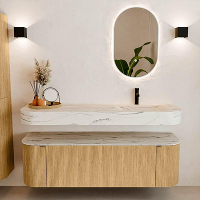 MONDIAZ THOR-DLUX 150cm badmeubel ronding links + rechts kleur Oak met 1 lade en 2 deuren. Vrijhangende wastafel CLOUD Rechts 1 kraangat kleur Nata.
