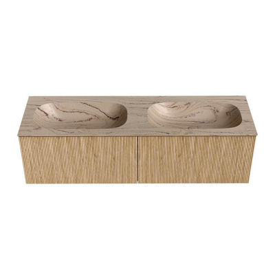 MONDIAZ KURVE-DLUX 150cm badmeubel kleur Oak met 2 lades en 0 deuren. Wastafel STOR SMALL Dubbel zonder kraangat Arena.