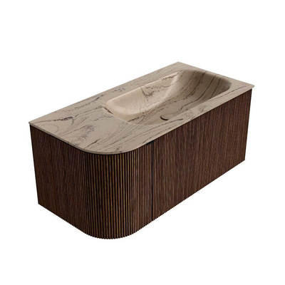 MONDIAZ KURVE-DLUX Meuble de salle de bains 95 cm arrondi à gauche couleur Walnut avec 1 tiroir et 1 porte. Lavabo BIG SMALL à droite 1 trou de robinet Arena.