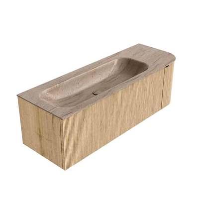 MONDIAZ KURVE-DLUX meuble de salle de bains 135cm arrondi à droite couleur Chêne avec 1 tiroir et 1 porte. Lavabo BIG MEDIUM à gauche sans trou de robinet Saba.