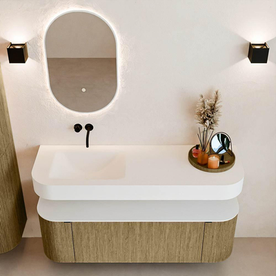 MONDIAZ THOR 140cm meuble de salle de bains arrondi gauche + droite couleur Dusk avec 1 tiroir et 2 portes. Vasque suspendue CLOUD Gauche sans trou de robinet couleur Talc.