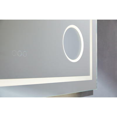 Thebalux miroir modèle I 60x75 aluminium bande lumineuse intégrée tout autour dans le miroir équipée de LED LED indirecte en partie inférieure Bluetooth commande tactile miroir chauffant miroir grossissant éclairé et prise de courant