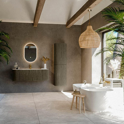 MONDIAZ KURVE-DLUX Meuble de salle de bains 130cm arrondi Gauche + Droite couleur Shadow avec 1 tiroir et 2 portes. Lavabo BIG SMALL Central 1 trou de robinet Meli.