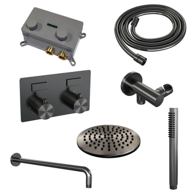 BRAUER gunmetal Edition Thermostatische Regendouche inbouw - drukknoppen - SET 51 - 20cm hoofddouche - gebogen muurarm - staaf handdouche - doucheslang - wandaansluitbocht - gunmetal geborsteld PVD