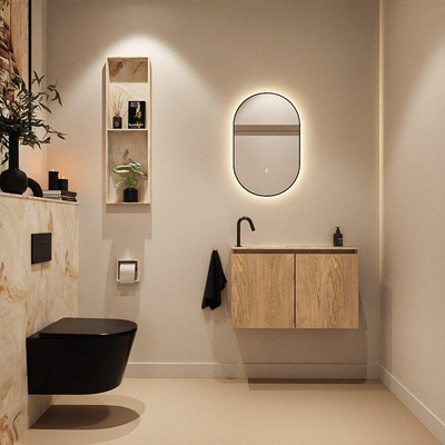 MONDIAZ TURE-DLUX Meuble de toilettes 80 cm Washed Oak. Lavabo EDEN Frappe position gauche. Avec 1 trou de robinet.