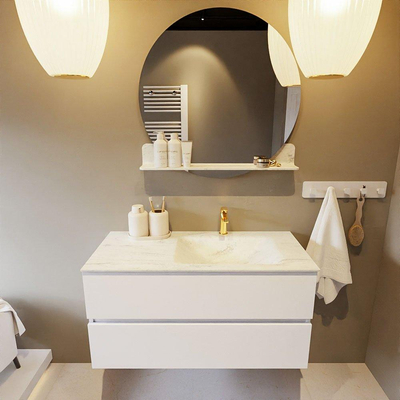 MONDIAZ VICA-DLUX Ensemble meuble de salle de bains - 100cm - sous-meuble talc - 2 tiroirs - lavabo encastré cloud à droite - 1 trou de robinet - version haute 60cm - opalo