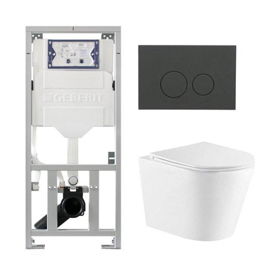 QeramiQ Dely Toiletset - 36.3x51.7cm - diepspoel - rimless - Geberit UP320 inbouwreservoir - met Burda frame - softclose toiletzitting - bedieningsplaat mat antraciet - ronde knoppen - wit glans