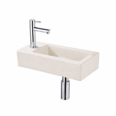 QeramiQ Fuente Lavabo pour WC - 38x18.5x9 cm - ceramique - trou de robinet de Lavabo pour WC a gauche - robinet de Lavabo pour WC chrome - siphon bas - bonde - lin