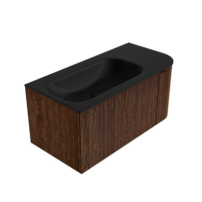 MONDIAZ KURVE 95cm Meuble salle de bain avec module 25 D - couleur Walnut - 1 tiroir - 1 porte - vasque BIG SMALL gauche - sans trous de robinet - Urban