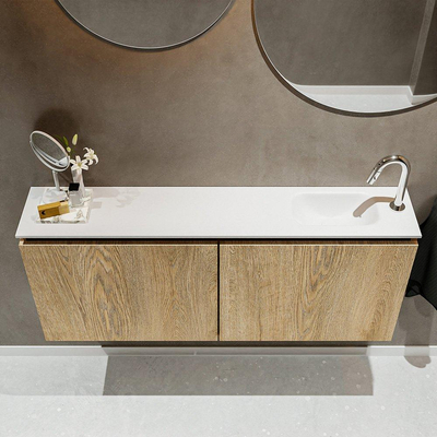 MONDIAZ TURE Toiletmeubel 120x23x50cm met 1 kraangaten 2 deuren washed oak mat Wastafel Eden rechts Solid Surface Wit