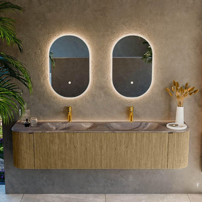 MONDIAZ KURVE-DLUX Meuble de salle de bains 190cm arrondi Gauche + Droite couleur Dusk avec 2 tiroirs et 2 portes. Plan-vasque STOR SMALL Double 2 trous de robinet Sombra.