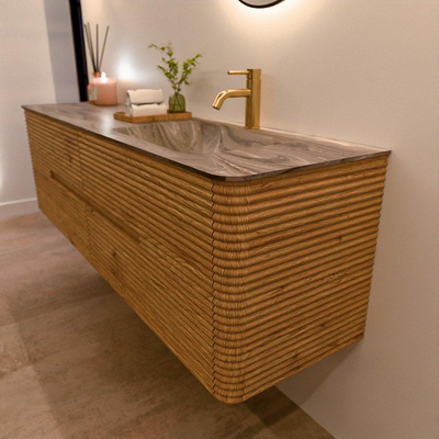 Mondiaz CIRO-DLUX Meuble de salle de bains - 170x45x50cm - Plan vasque Solid surface Sombra - 1 lavabo à droite - 1 trou de robinetterie - 4 tiroirs - Chêne
