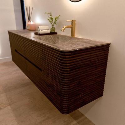 Mondiaz CIRO-DLUX Ensemble de meubles de salle de bains - 160x45x50cm - Plan vasque Solid surface Oza - 1 vasque à droite - 1 trou de robinet - 4 tiroirs - Noyer