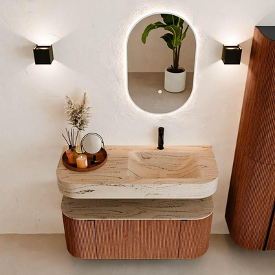 MONDIAZ THOR-DLUX 110cm meuble de salle de bains arrondi gauche + droite couleur Ruby avec 1 tiroir et 2 portes. Vasque suspendue CLOUD droite 1 trou de robinet couleur Arena.