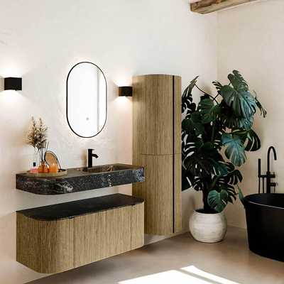 MONDIAZ THOR-DLUX Meuble de salle de bains 110cm arrondi gauche + droite couleur Dusk avec 1 tiroir et 2 portes. Vasque suspendue CLOUD Droite 1 trou de robinet couleur Lava.