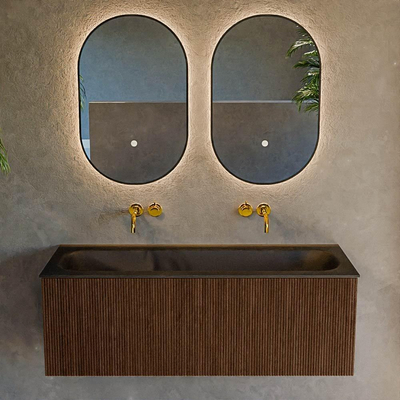 MONDIAZ KURVE 120cm Meuble salle de bain - couleur Walnut - 1 tiroir - vasque BIG LARGE centre - sans trous de robinet - Urban