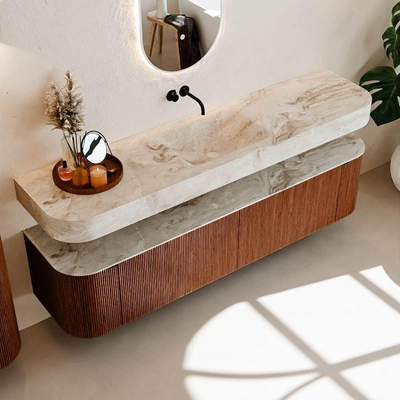 MONDIAZ THOR-DLUX 190cm meuble de salle de bains arrondi gauche + droite couleur Ruby avec 2 tiroirs et 2 portes. Vasque suspendue CLOUD Milieu sans trou de robinet couleur Frappe.