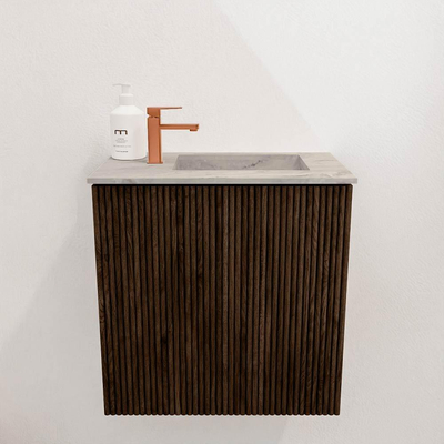 Mondiaz JOYA-DLUX 40cm toiletmeubel - kleur Walnut - Wastafel FAYE positie Rechts 1 kraangat kleur Glace.