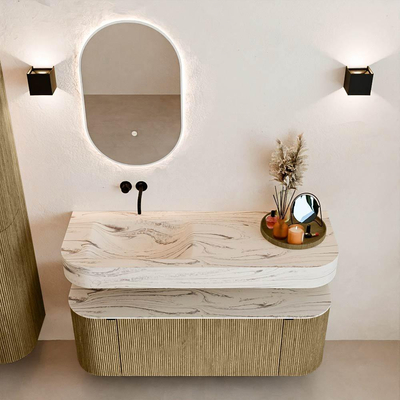 MONDIAZ THOR-DLUX 130cm meuble de salle de bains arrondi gauche + droite couleur Dusk avec 1 tiroir et 2 portes. Vasque suspendue CLOUD Gauche sans trou de robinet couleur Nata.