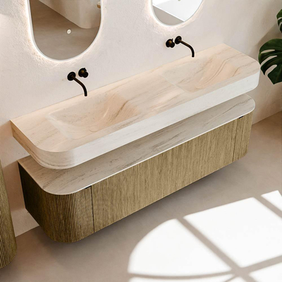 MONDIAZ THOR-DLUX 170cm meuble de salle de bains arrondi gauche + droite couleur Dusk avec 1 tiroir et 2 portes. Vasque suspendue CLOUD Double sans trou de robinet couleur Meli.