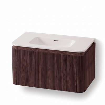 Royal Plaza Terra Edge Ensemble meuble de salle de bains - 80x45.5x46cm - vasque en céramique blanc brillant - 1 vasque - sans trous de robinet - 2 tiroirs - châtaigne (noyer)