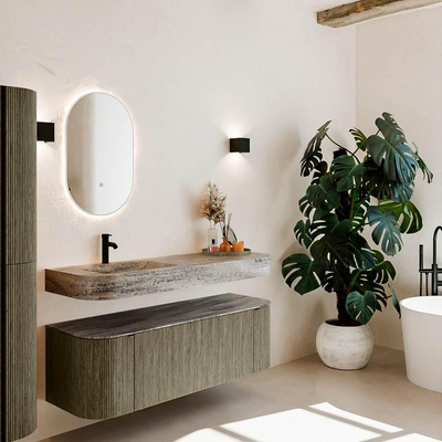 MONDIAZ THOR-DLUX 140cm meuble de salle de bains arrondi gauche + droite couleur Shadow avec 1 tiroir et 2 portes. Vasque suspendue CLOUD gauche 1 trou de robinet couleur Oza.