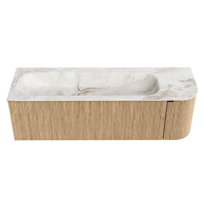 MONDIAZ KURVE-DLUX 145cm badmeubel met module 25 R kleur Oak met 1 lade en 1 deur. Wastafel BIG LARGE links zonder kraangat kleur Frappe.