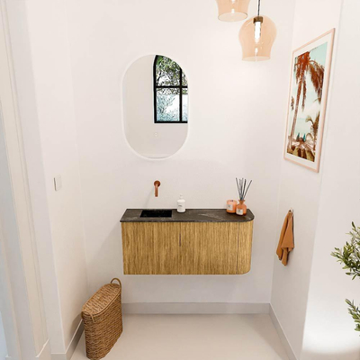 Mondiaz JOYA-DLUX 91.6cm meuble de salle de bains WC - arrondi droit couleur Chêne - Vasque FAYE position Gauche Sans trou de robinet couleur Lava