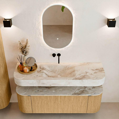 MONDIAZ THOR-DLUX 140cm meuble de salle de bains arrondi gauche + droite couleur Oak avec 1 tiroir et 2 portes. Vasque suspendue CLOUD Milieu sans trou de robinet couleur Frappe.