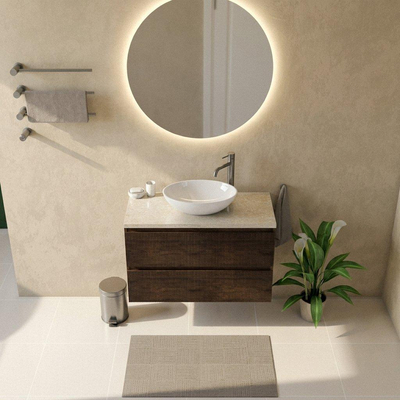 Saniclass Holz Atelier Ensemble de meubles de salle de bains - 100x45x63cm - Plan de travail en pierre naturelle travertin - 1 trou de robinet - 2 tiroirs - chêne charbon mat (bois)