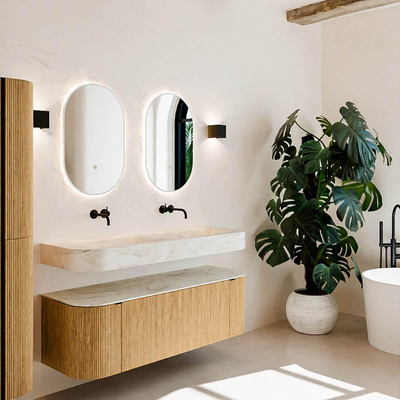 MONDIAZ THOR-DLUX 140cm meuble de salle de bains arrondi gauche + droite couleur Oak avec 1 tiroir et 2 portes. Vasque suspendue CLOUD Double sans trou de robinet couleur Ostra.