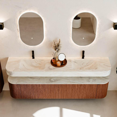 MONDIAZ THOR-DLUX 200cm badmeubel ronding links + rechts kleur Ruby met 2 lades en 2 deuren. Vrijhangende wastafel CLOUD Dubbel 2 kraangaten kleur Ostra.