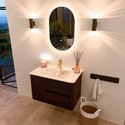 Mondiaz CIRO-DLUX Meuble de salle de bains - 80x45x50cm - lavabo en solid surface Frappe - 1 vasque centrale - 1 trou de robinet - 2 tiroirs - Noyer