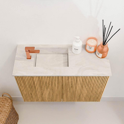 Mondiaz JOYA-DLUX 60cm meuble de toilette - couleur Chêne - Vasque FAYE position Gauche 1 trou de robinet couleur Ostra.