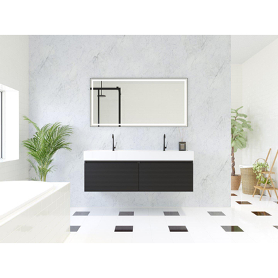 HR badmeubelen Matrix 3D ensemble de meubles de salle de bains 140cm 2 tiroirs sans poignées avec profil de préhension en couleur Noir mat avec lavabo kube 2 trous de robinet blanc