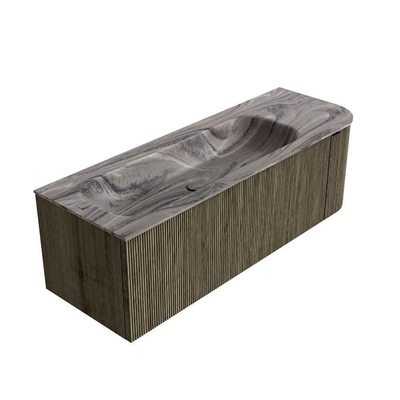 MONDIAZ KURVE-DLUX Meuble de salle de bains 135cm arrondi à droite couleur Shadow avec 1 tiroir et 1 porte. Lavabo BIG MEDIUM à gauche sans trou de robinet Sombra.