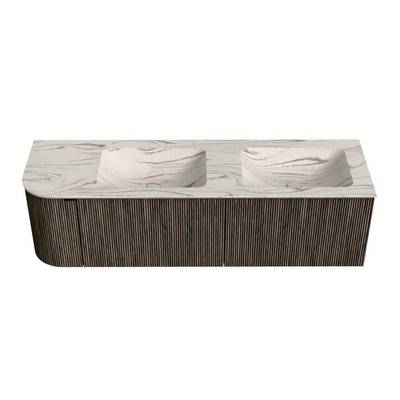 MONDIAZ KURVE-DLUX Meuble de salle de bains 155 cm arrondi à gauche couleur Shadow avec 2 tiroirs et 1 porte. Lavabo LEAF Double / à droite sans trou de robinet Nata.