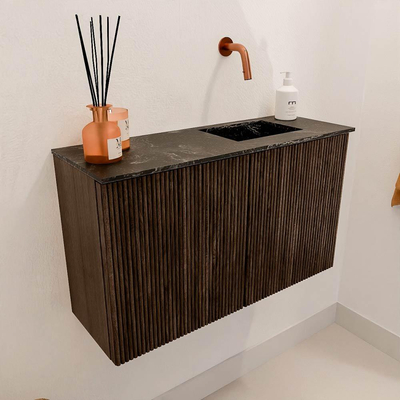 Mondiaz JOYA-DLUX 70cm toiletmeubel - kleur Walnut - Wastafel FAYE positie Rechts Zonder kraangat kleur Lava.